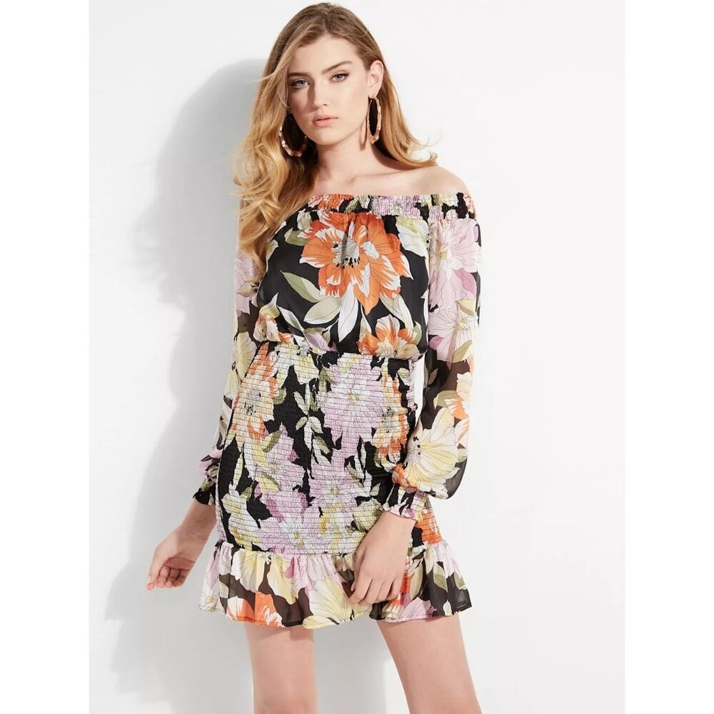 NWT Guess Womens Size Small Gabby Off-The-Shoulder Floral Smocked Dress NEW